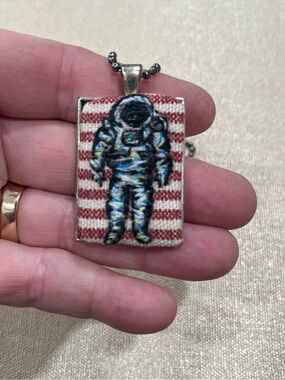Moon Space man Astronaut hand embroidered pendant and necklace